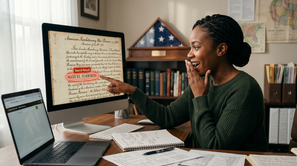 A Black woman in a green sweater sits at a desk, looking delighted while pointing at a Revolutionary War pension document on her computer screen.