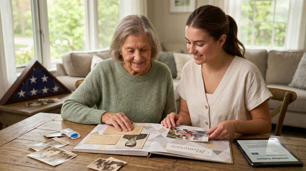 An elderly woman and a younger woman sit side-by-side at a wooden table, smiling as they look through a modern scrapbook together. The album is filled with vintage black-and-white family photographs and historical document cards. Scattered on the table are loose old photos and a digital tablet displaying a genealogy database interface. In the soft-focus living room background, a folded American flag rests in a wooden memorial display case.