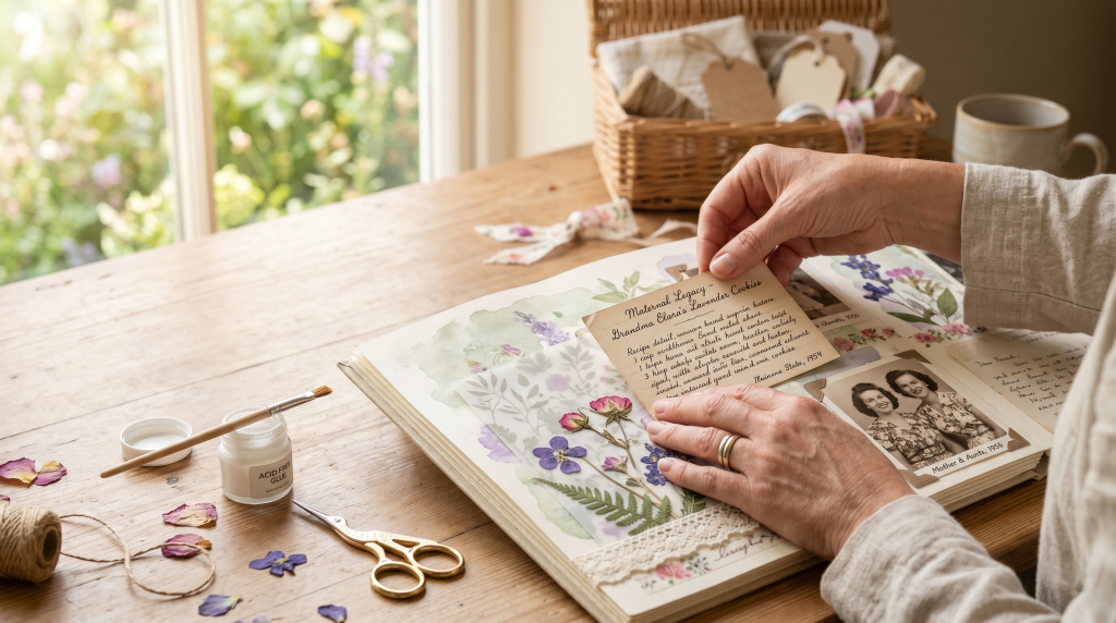 A close-up, photorealistic image of a woman’s hands carefully placing an antique, handwritten recipe card onto a decorative scrapbook page. The page is adorned with soft sage and lavender watercolor washes, delicate pressed flowers, and translucent botanical overlays. To the side, sepia-toned vintage photographs, gold-handled scissors, and a small jar of glue sit on a rustic wooden table bathed in soft, natural sunlight from a nearby window.